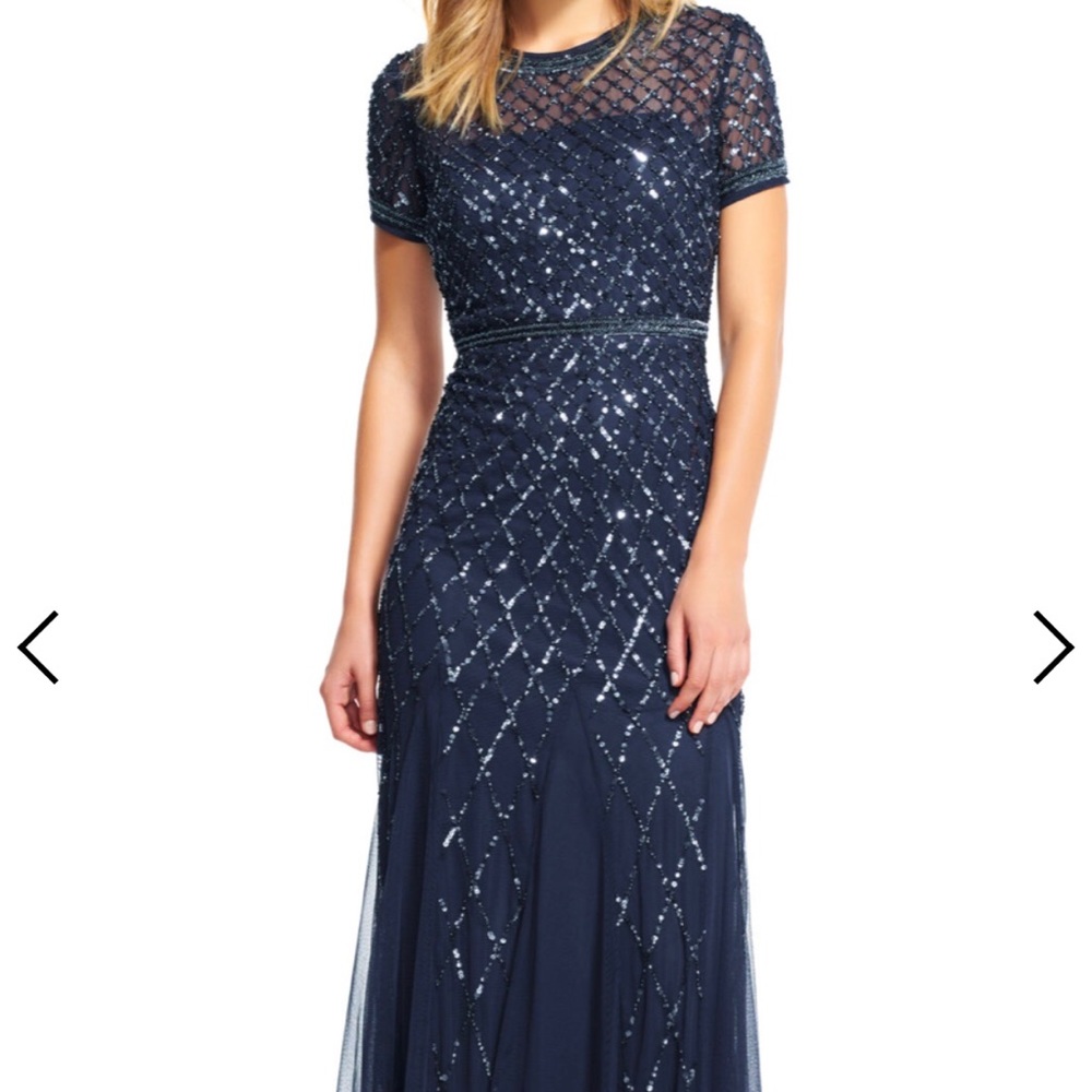 Adrianna Papell Cap Sleeve Fully Beaded Gown Navy
